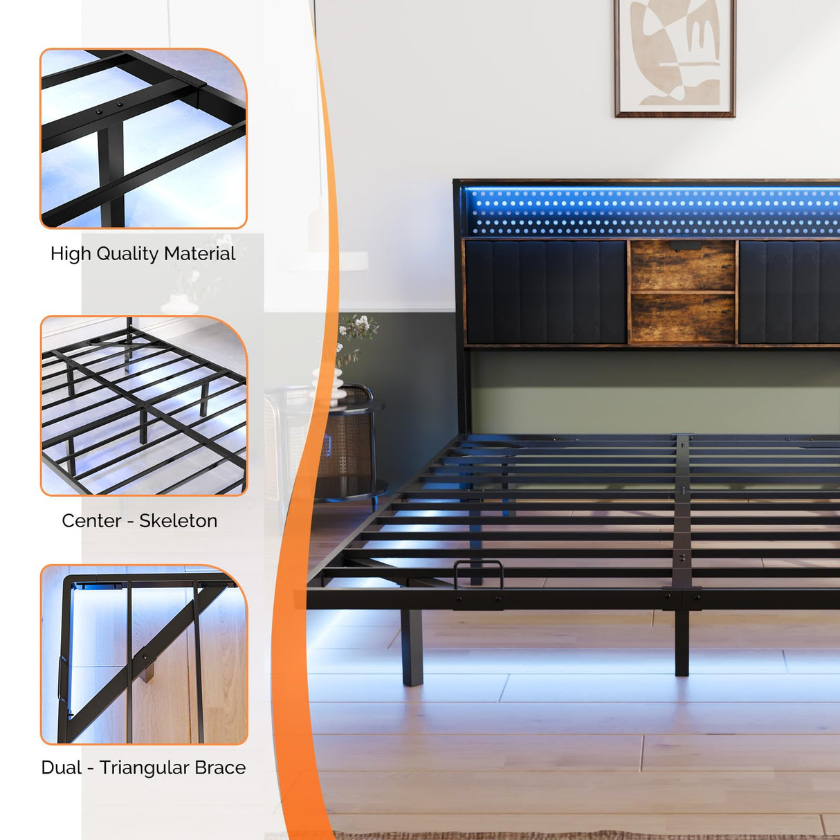 VINGLI King Size Floating Bed Frame with LED Lights and Charging Station, Cozy Hidden Storage Velvet Upholstered Headboard,No Box Spring Needed,Easy Assembly,Black VINGLI