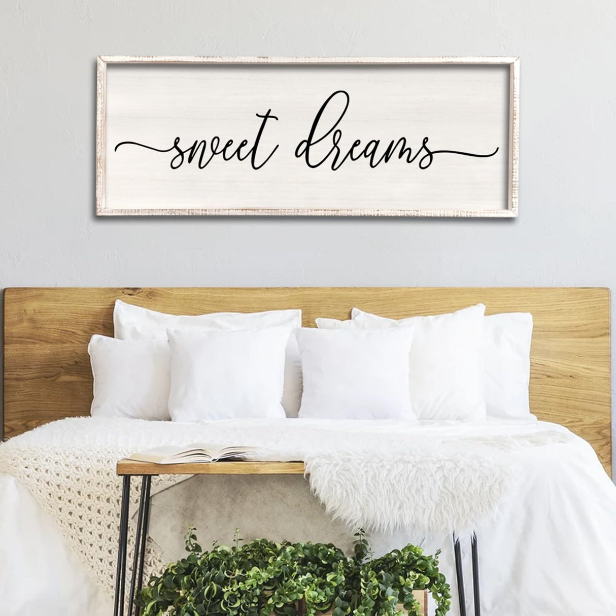 Sweet Dreams Wall Decor Above Bed 40''×15'' Master Bedroom Large Sweet Dreams Sign Farmhouse Wall Decor Guest Room Wood Rustic Framed Over Bed Wall Art Hanging Decoration (White) Surfapans