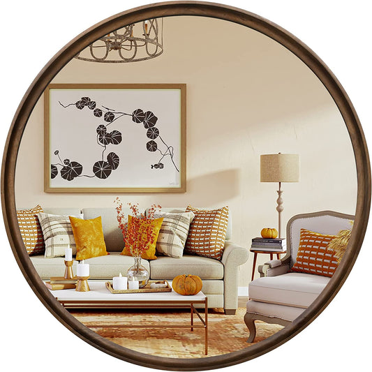 WallBeyond Round Mirror with Solid Real Wood Frame for Wall Decor, 26" Circle Wood Mirror Bathroom Wall Mirror for Living Room, Entryway and Bedroom,Brown - WoodArtSupply