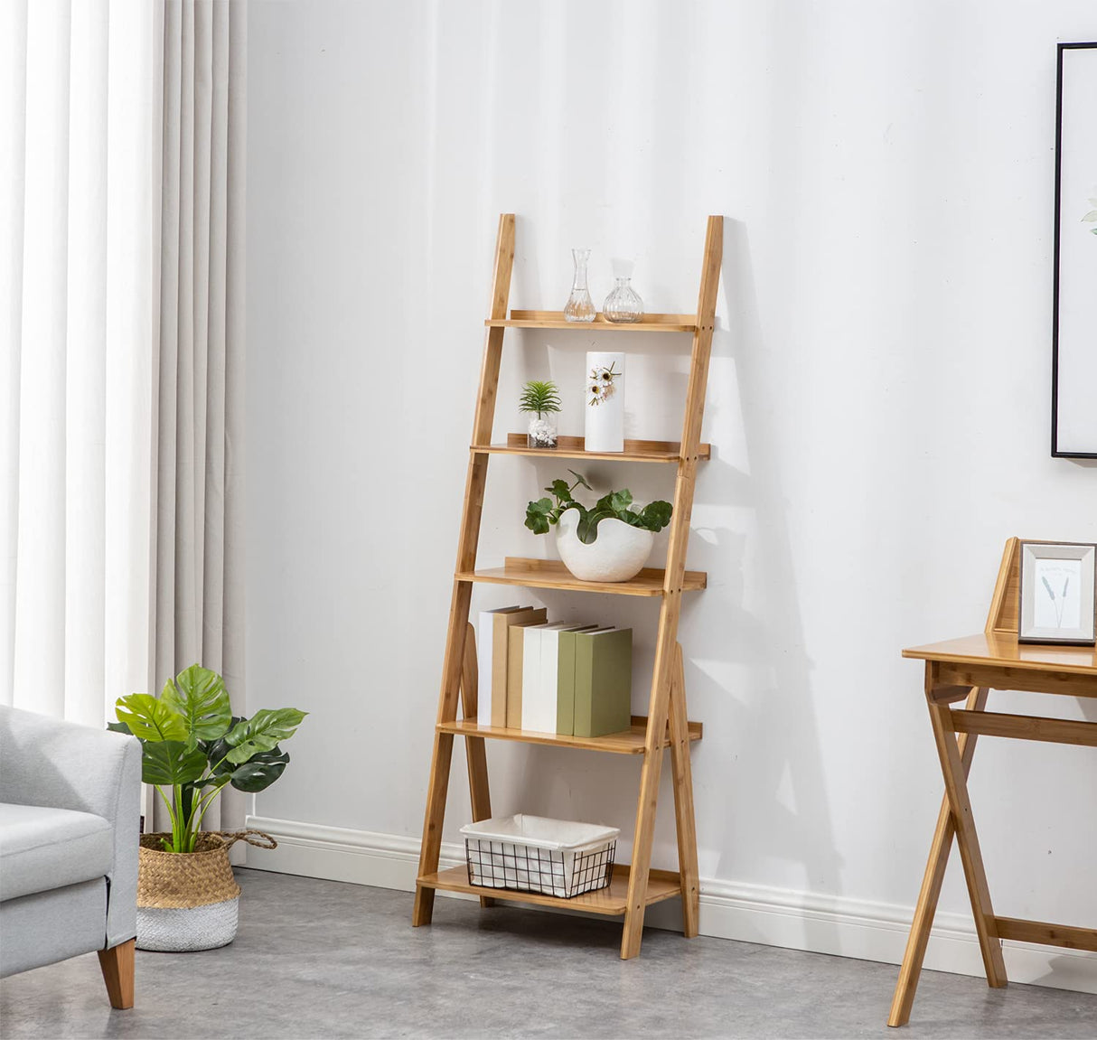SOBIBO Ladder Shelf, 5-Tier Leaning Shelf, Free Standing Organizer Storage Shelves, Storage Rack Shelf for Office, Living Room, Nature SOBIBO