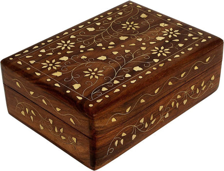 GURU JEE Wooden Hand Carved Decorative Vintage Trinket Jewellery Box Brass Inlay Floral Design GURU JEE