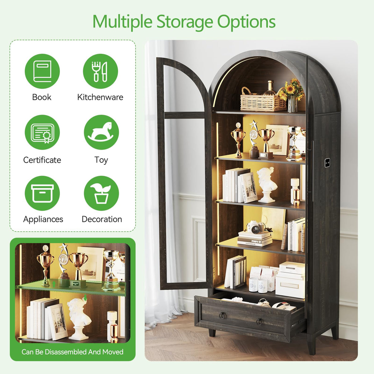 HNEBC Book Shelf with LED Lights, Arched Display Case with Storage Cabinet, Smart File Cabinet with Glass Door, Curio Cabinet with Solid Wood Legs for Home Office/Bedroom Furnniture-Brown HNEBC