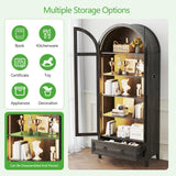 HNEBC Book Shelf with LED Lights, Arched Display Case with Storage Cabinet, Smart File Cabinet with Glass Door, Curio Cabinet with Solid Wood Legs for Home Office/Bedroom Furnniture-Brown HNEBC