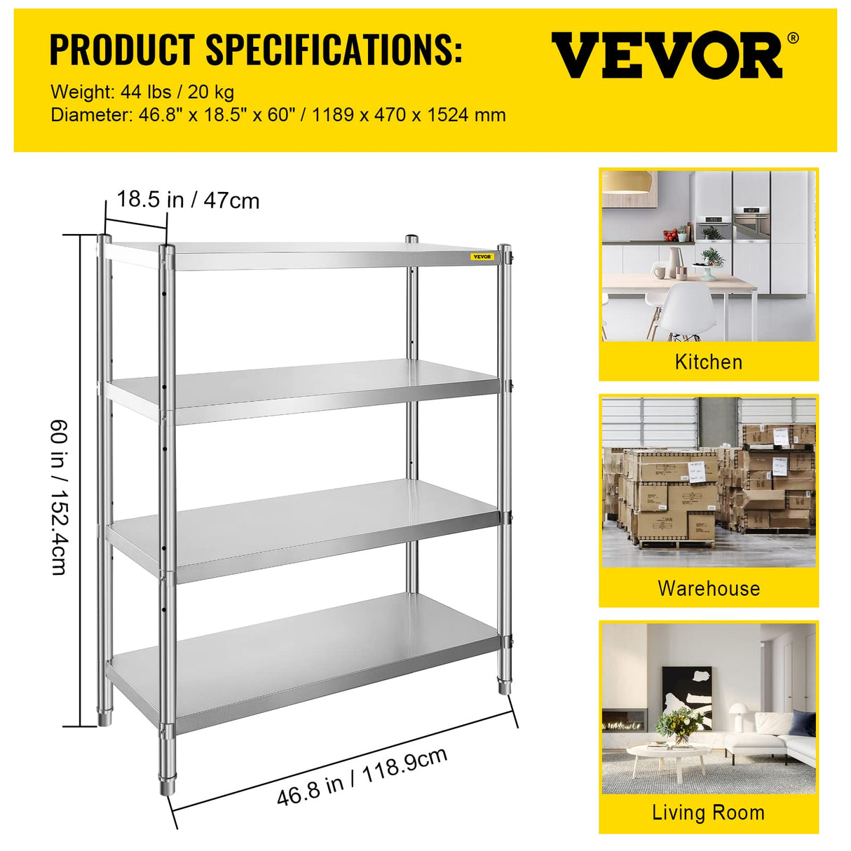 VBENLEM Stainless Steel Shelving 46.8x18.5 Inch 4 Tier Adjustable Shelf Storage Unit Stainless Steel Heavy Duty Shelving for Kitchen Commercial Office Garage Storage 330lb Per Shelf VEVOR