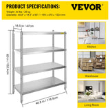 VBENLEM Stainless Steel Shelving 46.8x18.5 Inch 4 Tier Adjustable Shelf Storage Unit Stainless Steel Heavy Duty Shelving for Kitchen Commercial Office Garage Storage 330lb Per Shelf VEVOR