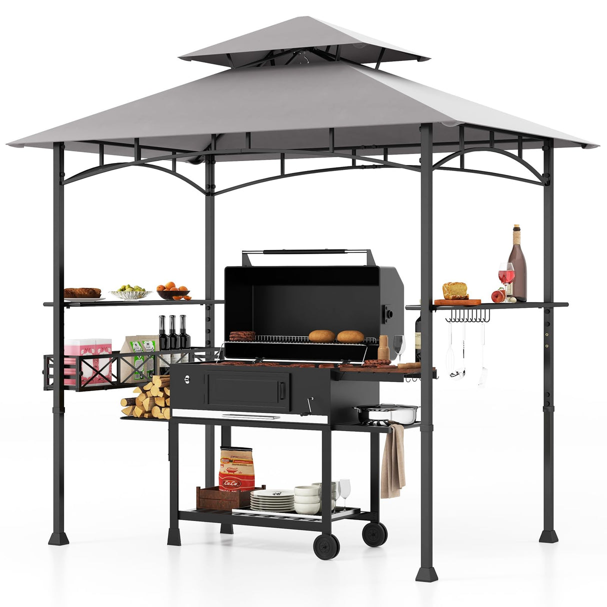 Tangkula 8x5 Ft Grill Gazebo, 2-Tier Barbecue Gazebo with 2 Shelves, 20 Hanging Hooks, Bottle Opener & Storage Basket, Outdoor Grill Canopy for Backyard Garden Poolside (Grey) Tangkula