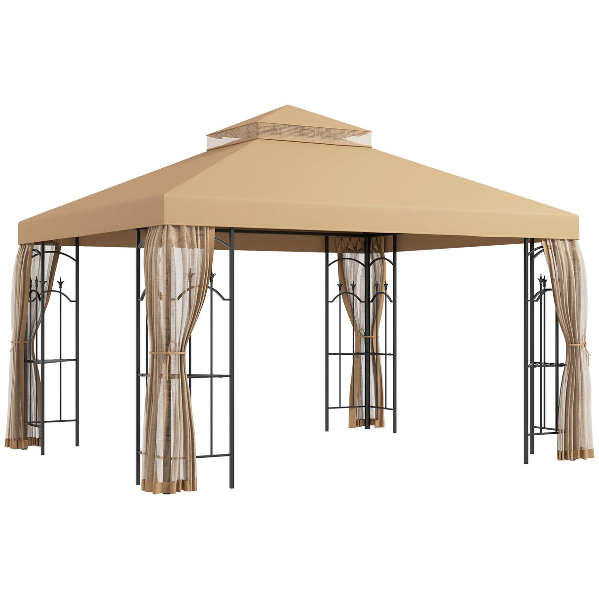 Outsunny 10' x 12' Patio Gazebo with Corner Frame Shelves, Double Roof Outdoor Gazebo Canopy Shelter with Netting for Patio, Wedding, Catering & Events, Brown Outsunny