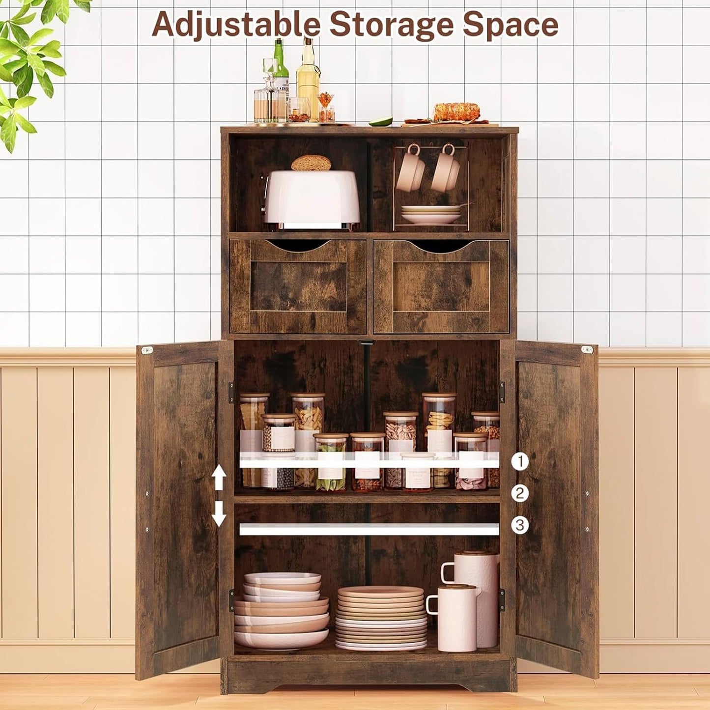 FIONESO Storage Cabinet with Adjustable Shelf & 2 Adjustable Drawers, Floor Cabinet with Barn Doors, Cupboard for Living Room, Entryway, Home Office, Rustic Brown