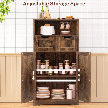 FIONESO Storage Cabinet with Adjustable Shelf & 2 Adjustable Drawers, Floor Cabinet with Barn Doors, Cupboard for Living Room, Entryway, Home Office, Rustic Brown