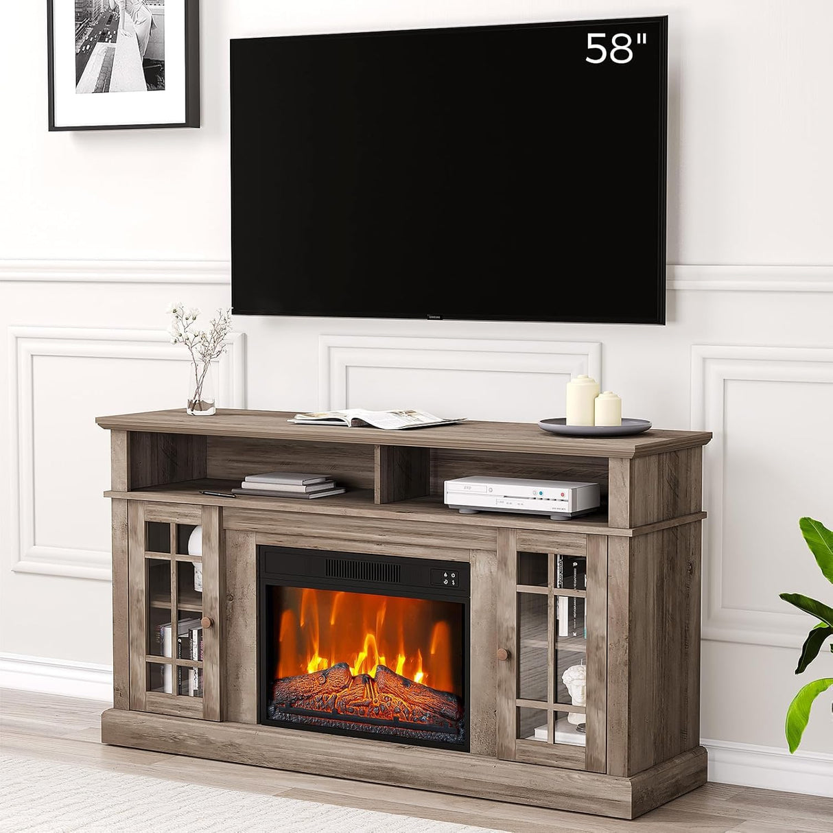 GarveeTech Farmhouse Electric Fireplace TV Stand for TVs up to 58", Entertainment Center with 23" Electric Fireplace Remote Control, TV Console Cabinet with Open Storage Shelves for Living Room, Wood GarveeTech