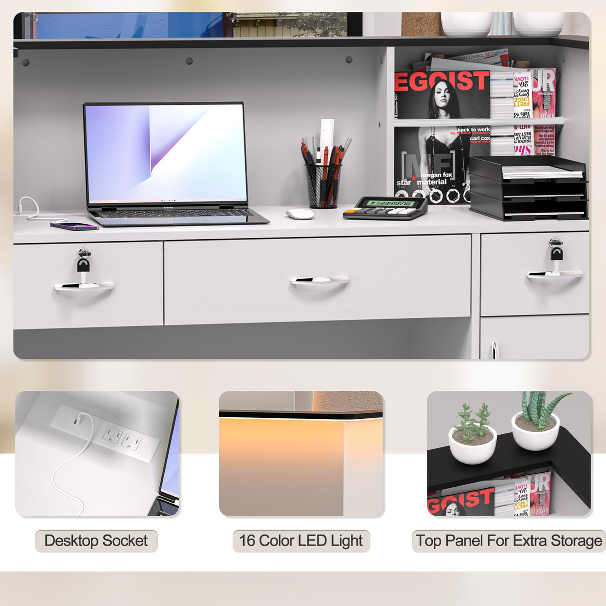 Spurgehom Reception Desk with Counter,Modern Front Table Equipped Lockers & Storage Shelves,50-inch Checkout Counter with LED Lights & DIY Stripe for Lobbies,Salons,Retail,Home Offices,Reception Room Spurgehom