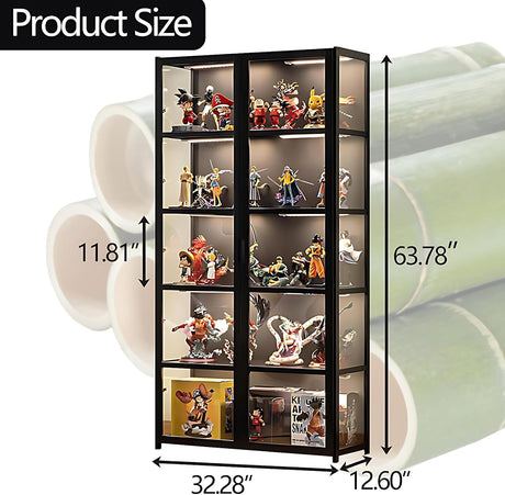 QOEUDD Display Cabinet with Acrylic Glass Door, 5 Tier Curio Display Case, Collectibles Toy Organizers Rack & Display Shelf, Kids Bookcase for Bedroom, Reading Nook, Toddler's Room, Bamboo QOEUDD