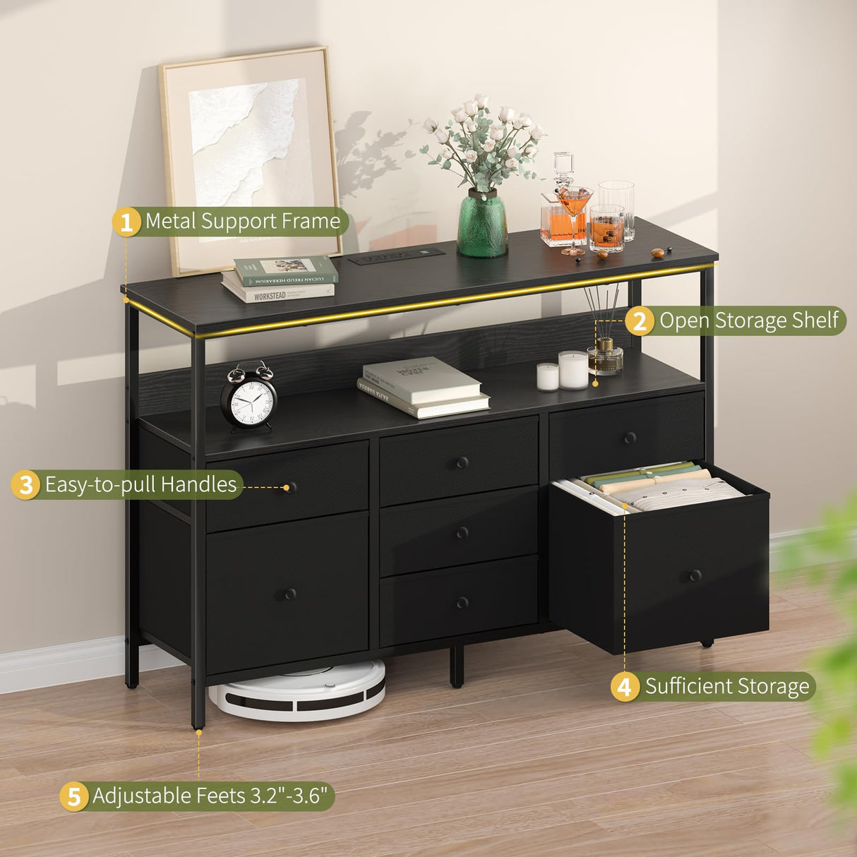 Yoobure TV Stand Dresser for Bedroom, 7 Fabric Drawers Entertainment Center, LED Dressers with Power Outlets, TV Stands for Living Room with Storage Shelf, TV Console Entertainment Stand up to 50" TV Yoobure