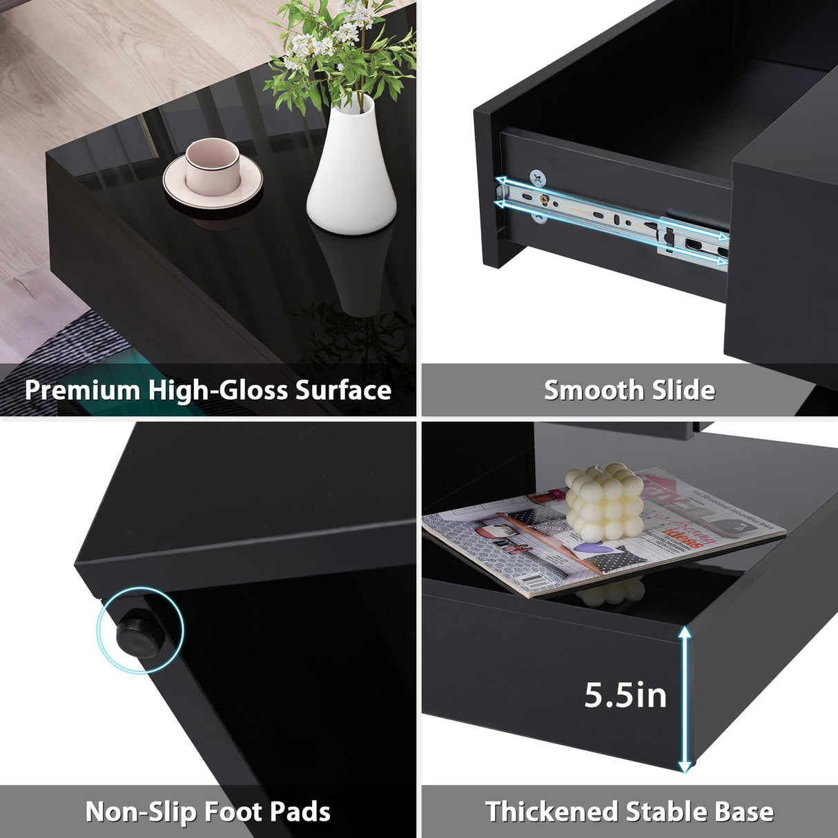 Verano Garden Modern High Gloss LED Coffee Table with Storage, 2-Tier Center Table with Open Display Shelf & 2 Sliding Drawers, Rectangle Coffee Tables for Living Room, Bedroom Verano Garden