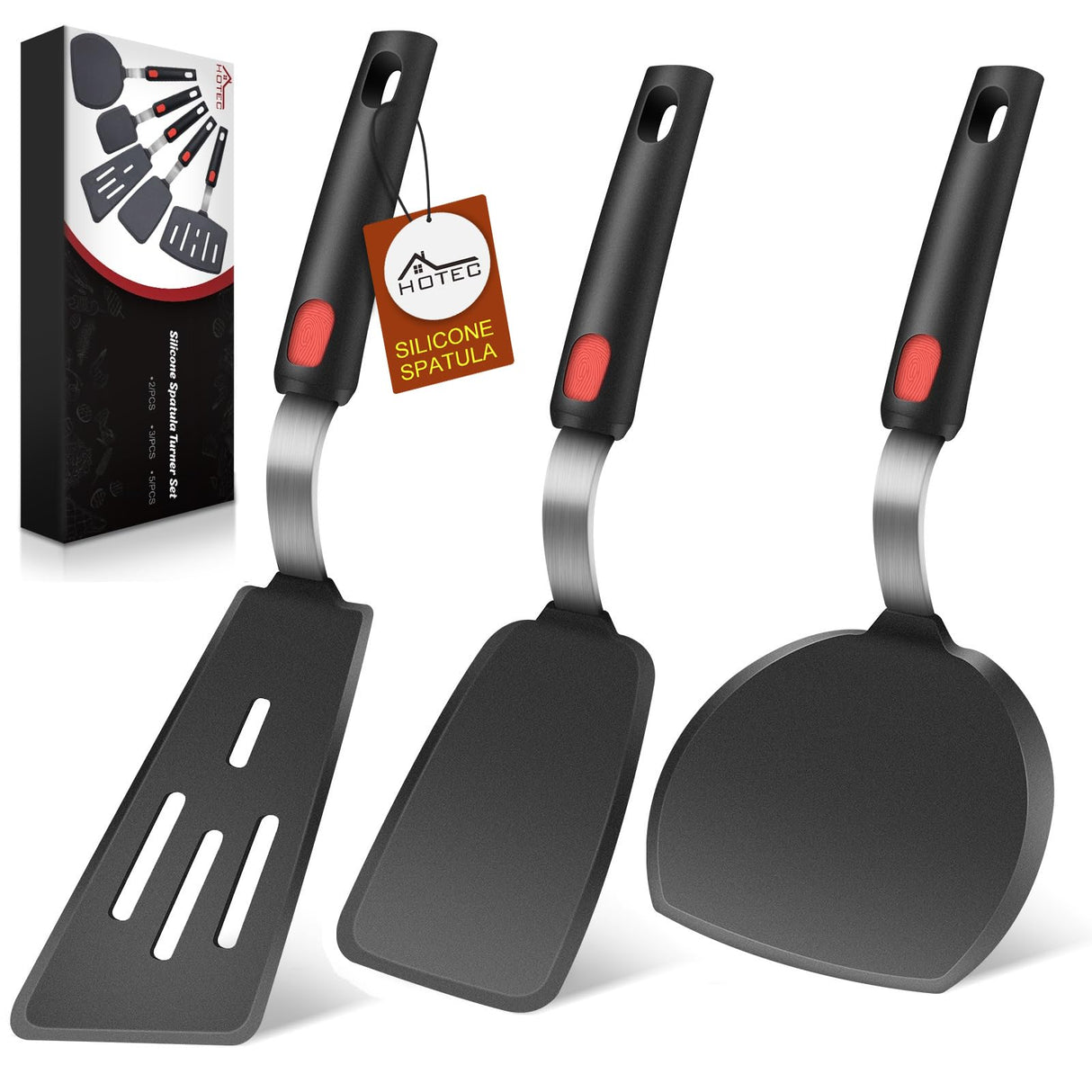 Hotec Silicone Spatula Turner for Nonstick Cookware, Cooking Spatula 600°F Heat Resistant Large Flexible Rubber Spatula Set of 3, Kitchen Utensils for Flipping Eggs, Burgers, Pancakes, Crepes HOTEC