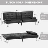JUMMICO Faux Leather Futon Sofa Bed Futon Couch with Removable Armrests Adjustable Sleeper Sofa Bed with 2 Cup Holders for Living Room (PU Leather, Black) JUMMICO