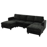 Lesofair 110" Chenille Sectional Sofa with Movable Ottomans, Modular U-Shape Couch with Cup Holders, Convertible 4 Seater Sofa with Well-Filled Backrest Cushions for Living Room, House, Black Lesofair