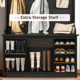 4ever2buy Farmhouse Hall Tree with Storage, 42 Inch Wide Entryway Bench with 2 Sliding Barn Doors, Brown Tall Hall Tree with Coat Rack & Shoe Storage for Living Room 4ever2buy