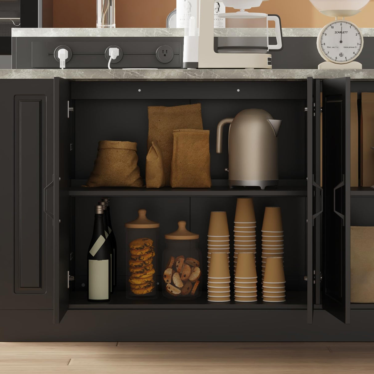 WOODTIME 94.5" W Stationary Kitchen Island Storage Cabinet with Built-in Power Outlet, 2 Countertop, Adjustable Shelves & 3 Drawers for Dining Room, Black & Marble Grain WOODTIME