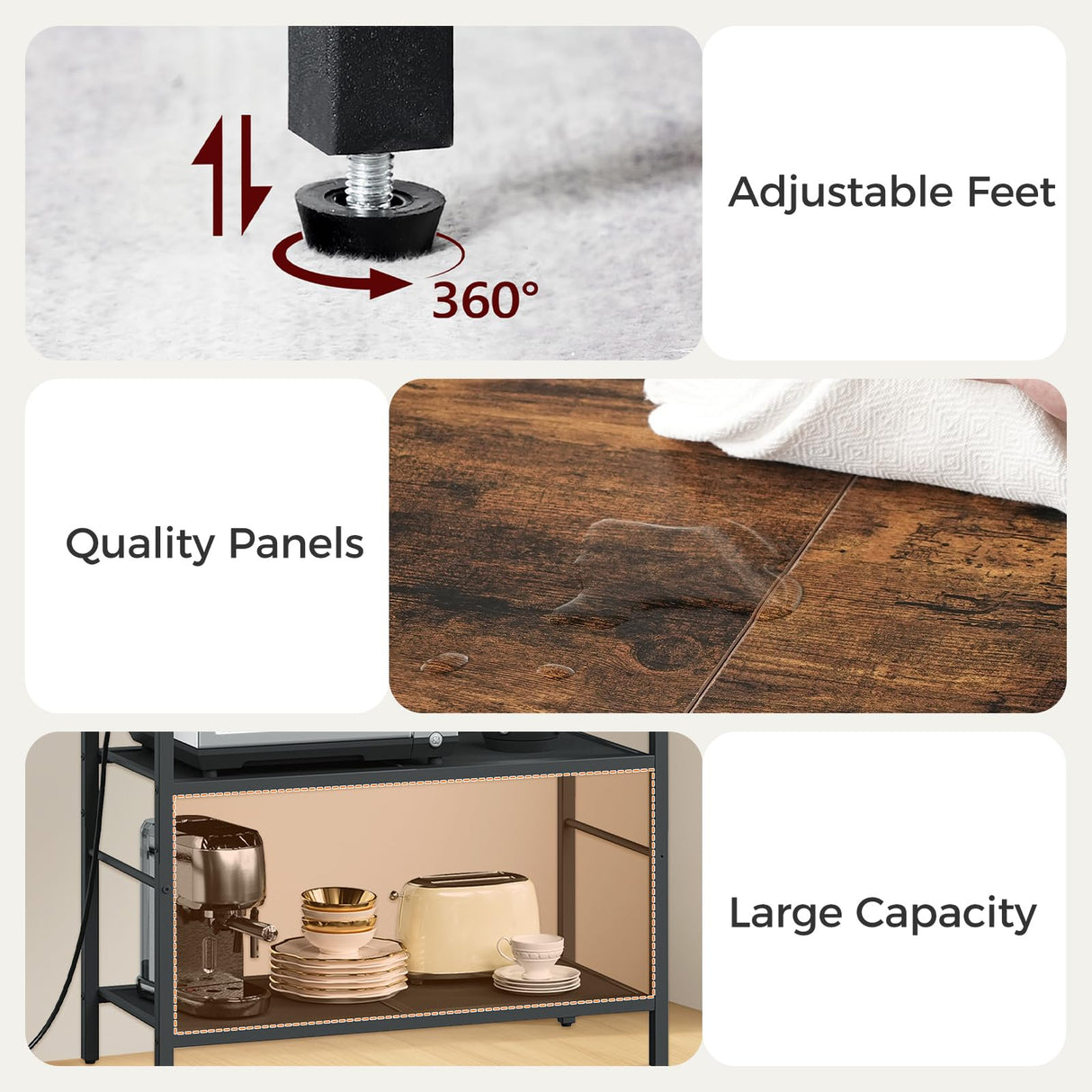 MAHANCRIS Bakers Rack with Storage, Microwave Stand with Power Outlet, Kitchen Storage Shelf with 6 Hooks, Coffee Bar Station 4 Tier, for Kitchen, Dining Room, Rustic Brown and Black BRHR351E01 MAHANCRIS