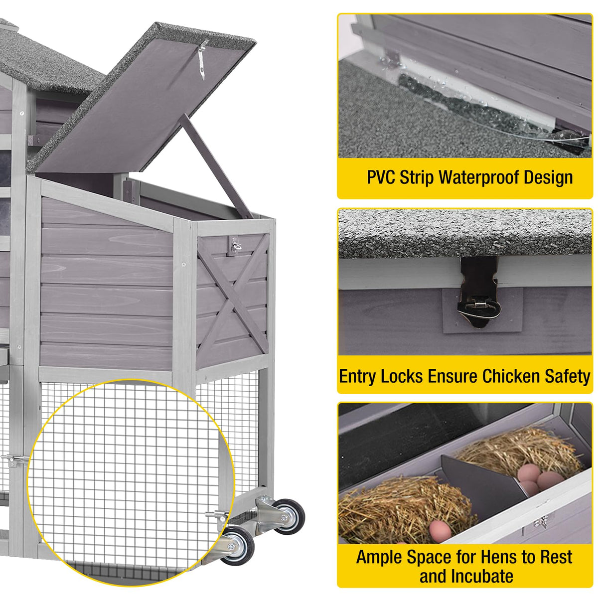 AIVITUVIN Chicken Coop with Nesting Box Mobile Chicken House on Wheels for 2-4 Chickens Rabbit Hutch Pull-Out Tray Wooden Poultry Cage Aivituvin