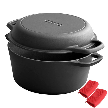 EDGING CASTING 2-in-1 Pre-Seasoned Cast Iron Dutch Oven Pot with Skillet Lid Cooking Pan, Cast Iron Skillet Cookware Pan Set with Dual Handles Indoor Outdoor for Bread, Frying, Baking, Camping, BBQ, 5QT EDGING CASTING