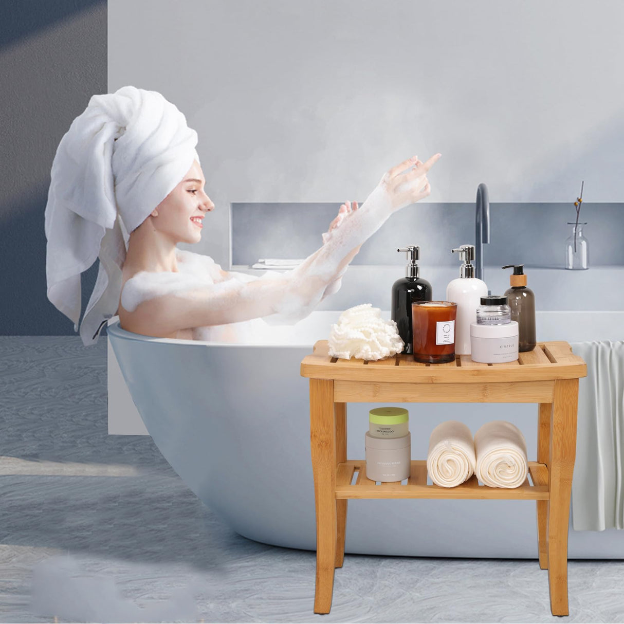 VVW Bamboo Shower Bench - Bathroom Bench Seat with Storage Shelf,19 Inch 2-Tier Wooden Spa Seat Bath Stool for Adults Women Elderly Seniors Wood Shower Chair for Bathtub or Small Spaces(Beige) VVW