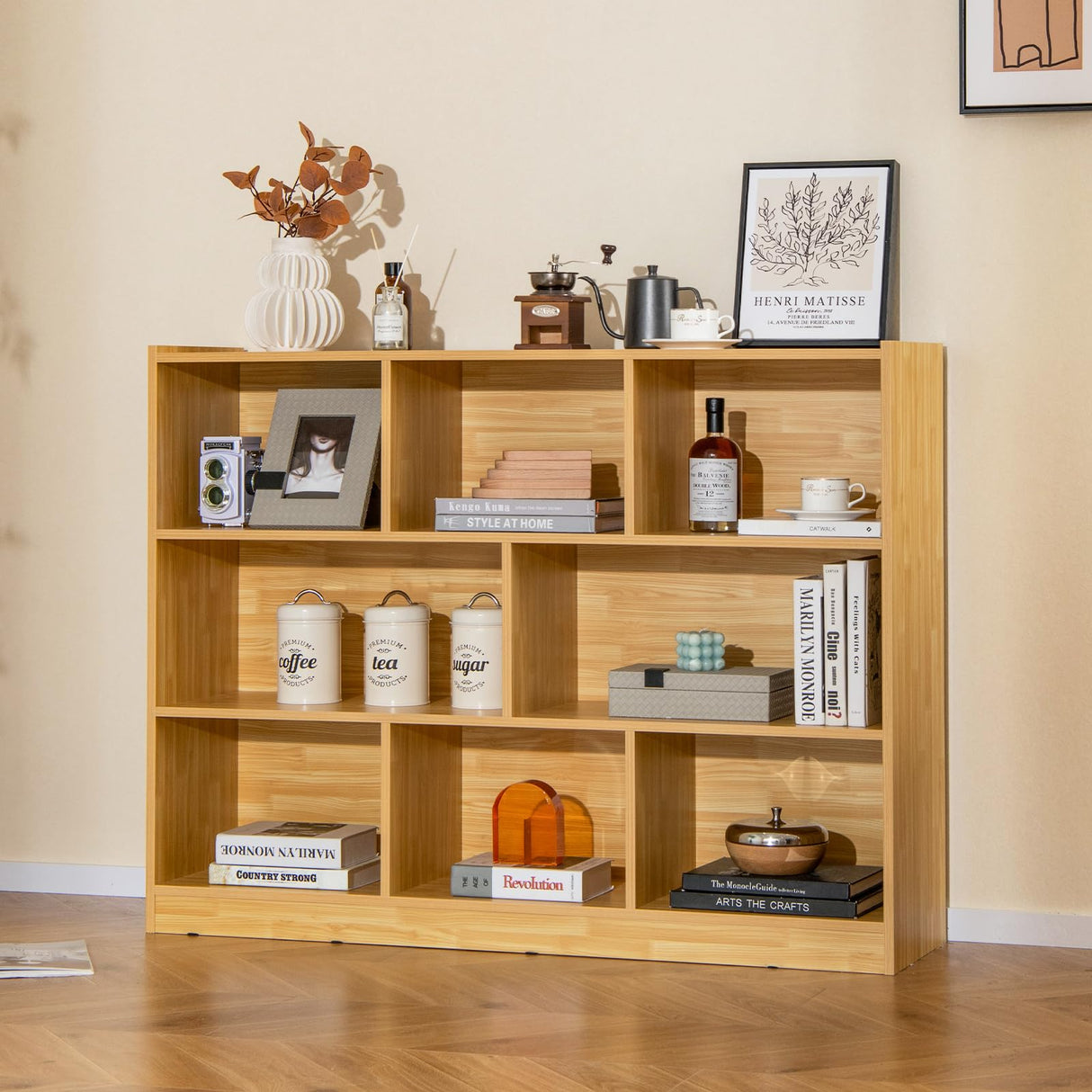 Giantex 8 Cube Bookcase, Freestanding 3-Tier Open Bookshelf, Modern Storage Display Cabinet, Wood Cube Storage Organizer for Living Room, Kid’s Room, Burlywood Giantex