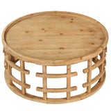 RUSTOWN Farmhouse Round Coffee Table, French Country Sofa Tables,Rustic Soild Wood Finish with Openwork Pattern and Curved Frame Base, Boho Handcrafted Wooden Coffee Table for Living Room, Natural RUSTOWN