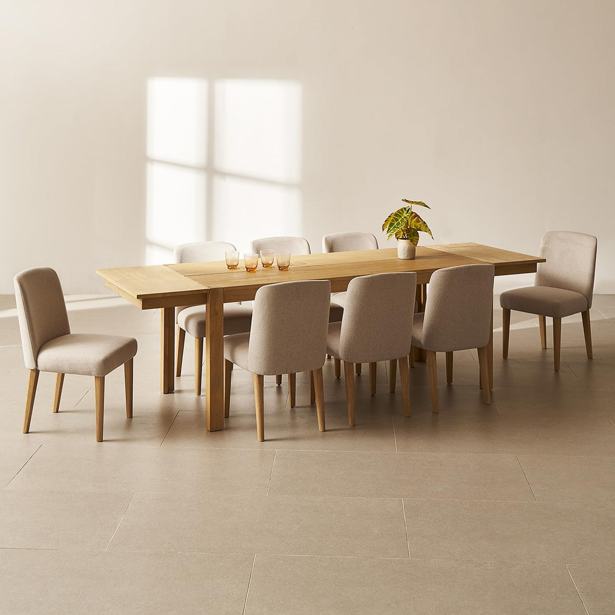 mopio Logan 9 Piece 8 Seater Upholstered Extendable Dining Table Set Beige Dining Chair Set of 6, Modern Farmhouse Solid Wood 7 Piece 104" for Dining Room Kitchen mopio