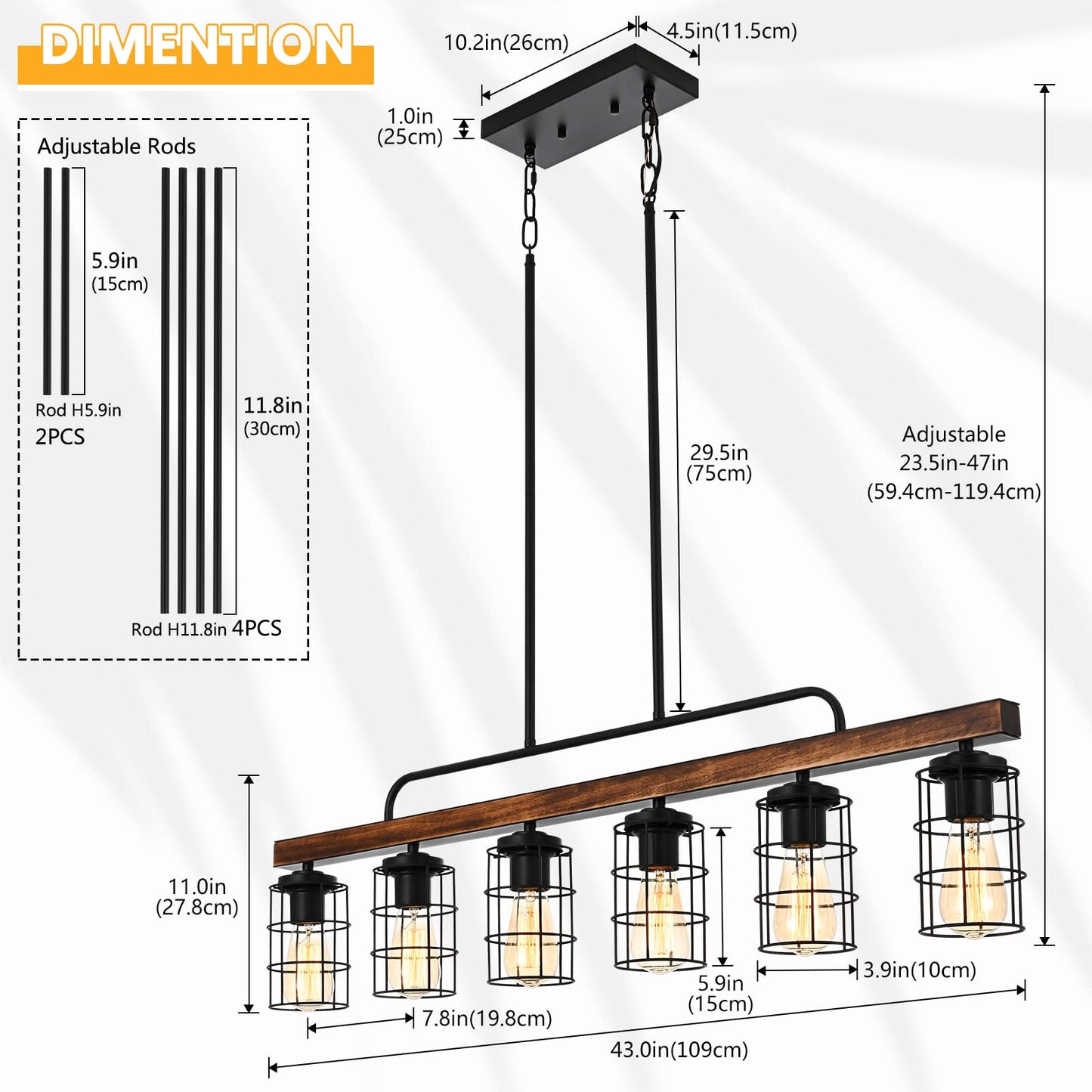 HOSENJOIN Island Lights for Kitchen,6-Light Dining Room Light Fixtures Over Table, Wood Linear Rustic Chandelier Pendant Lighting for Kitchen Island Dining table,Black 360W - WoodArtSupply