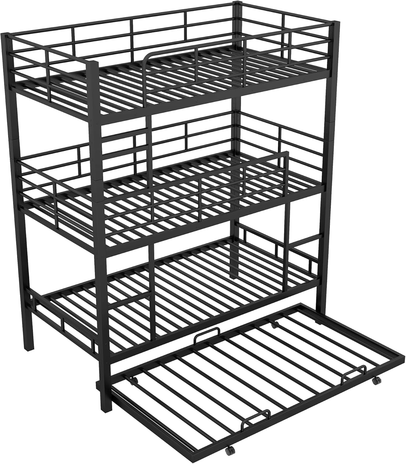 Virubi Twin Over Twin Triple Bunk Bed with Trundle,Detachable Metal Bunk Bed Twin Over Twin 3 Bed Bunk Beds for Kids Twin Bunk Bed with with 2 Ladders and Guardrails (Black)