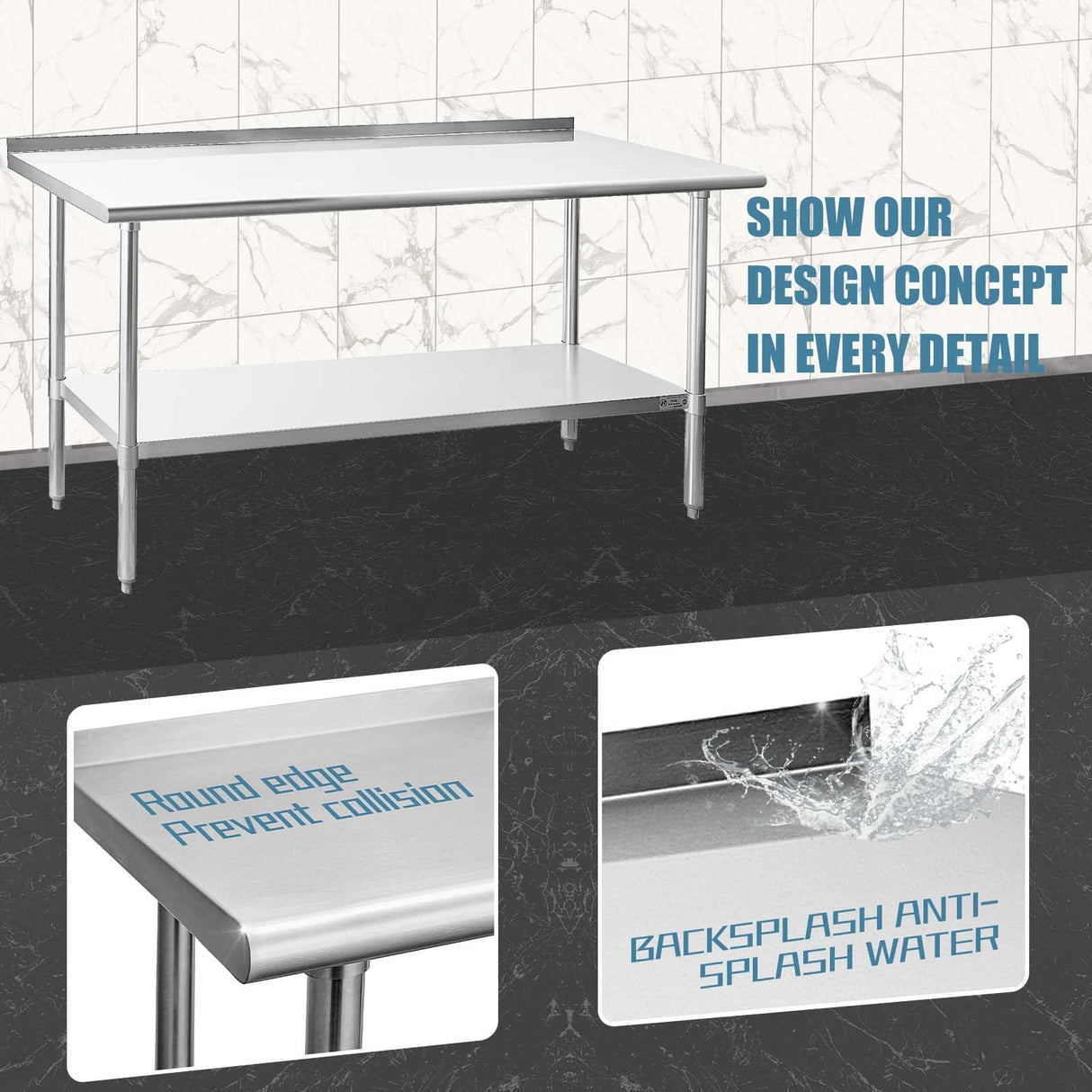 Hally Sinks & Tables HStainless Steel Table for Prep & Work 24 x 72 Inches, NSF Commercial Heavy Duty Table with Undershelf and Backsplash for Restaurant, Home and Hotel HALLY SINKS & TABLES H