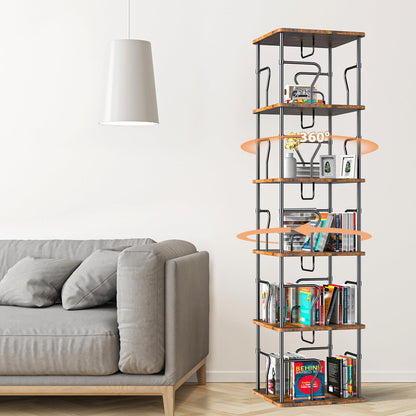 VYRIVA 5 Tier Square Rotating Bookshelf Tower, Spinning Bookshelf, 360° Display Round Bookcase, Floor Standing Corner Revolving Bookshelf Organizer Storage Rack for Home Study Office, Small Spaces