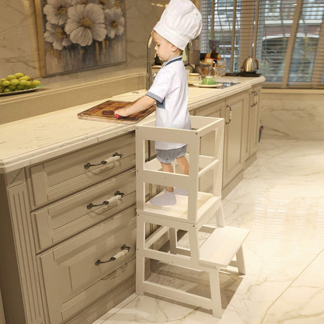 Kitchen Step Stool for Toddlers with Non-Slip Mat, WOOD CITY Wooden Kids Montessori Learning Stool Tower, Toddler Standing Tower Helper for Kitchen Counter and Bathroom Sink(White) WOOD CITY