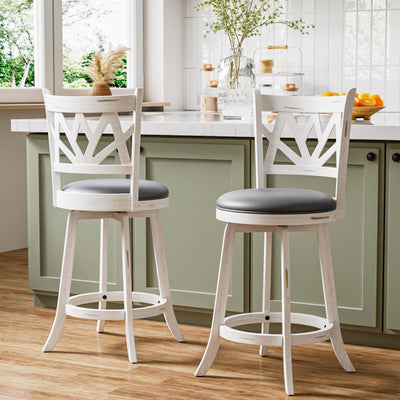 Buytime Swivel Bar Stools Set of 2, Farmhouse 24" Counter Height Barstools with Backs, Lotus Pattern Carved Bar Chair with Solid Wood Legs & Footrest for Kitchen Island, Home Bar, Pub (White, 24")