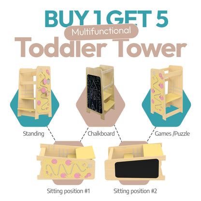 ToweRanger Toddler Learning Tower - 5-in-1 Adjustable Height Toddler Tower and Kitchen Step Stool - Anti Slip Kids Standing Stool for Kitchen - Child Standing Platform with Chalkboard and Montessori