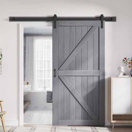 FREDBECK 42in x 84in Gray Wood Barn Door Slab with 7ft (84inch) Barn Door Hardware Track Kit and Handle Floor Guide Included, Double Surfaces,Simple Assembly is Required,K-Frame,Grey FREDBECK