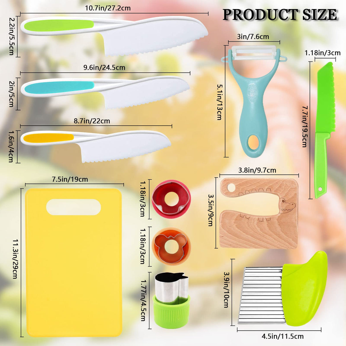 RISICULIS 11 Pieces Wooden Kids Kitchen Knife, Kids Knife Set Include Wood Kids Knife, Serrated Edges Plastic Toddler Knife, Crinkle Cutter, Sandwich Cutter, Y Peeler, Cutting Board RISICULIS
