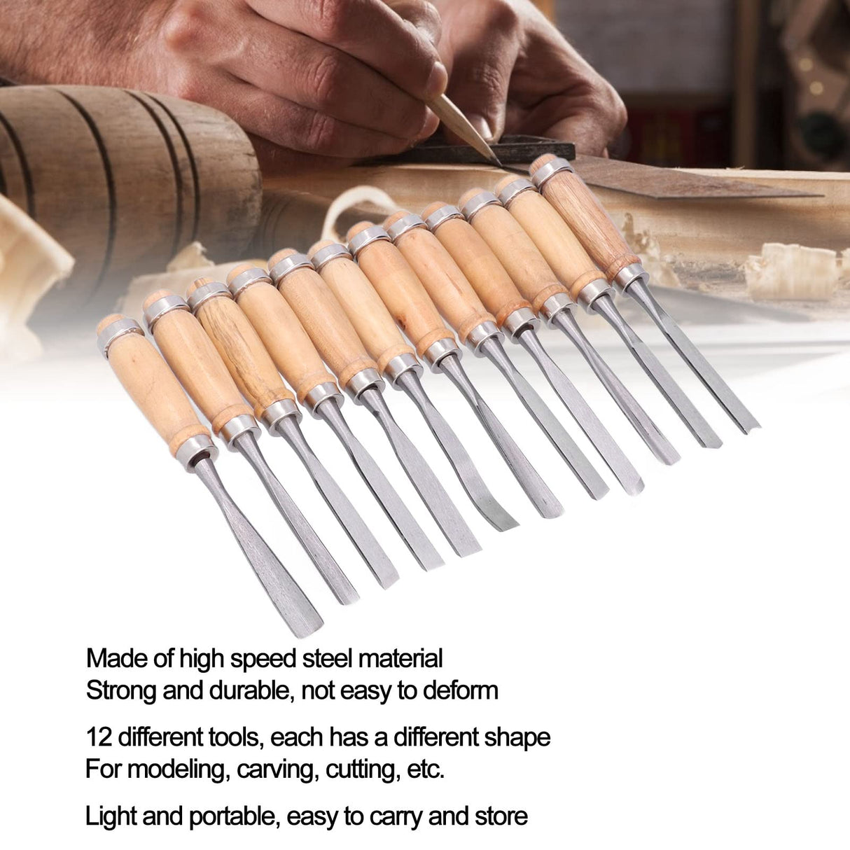 12Pcs 8inch Wood Turning Tools with HSS Blade Woodworking Lathe Chisel Set HRC58~62 High Hardness with Wood Handle for Modeling, Carving, Cutting,Woodworking Carving Gouge Accessories Tissting