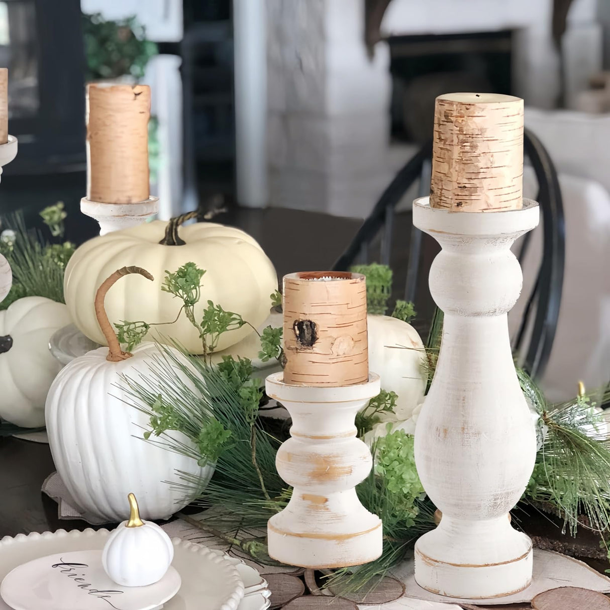 CedarLux Rustic Pillar Candle Holder, 6 Inch White Wooden Candlestick Holders, Farmhouse Candle Stands for Pillar Candle,Decorative Wood Candlestick Holders for Living Room, Table Centerpiece CEDARLUX