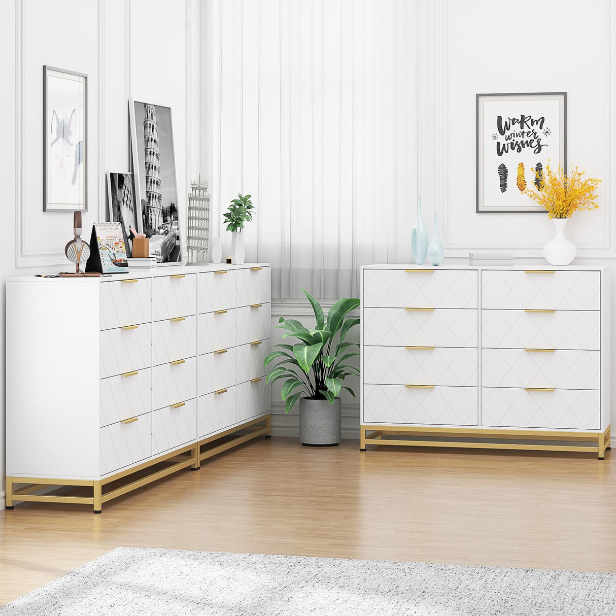 Patikuin 8 Dresser for Bedroom Wooden with 8 Drawer, Chest of Drawers Wide Dresser with Metal Handle, White Dresser for Bedroom,Living Room,Hallway and Entryway Patikuin