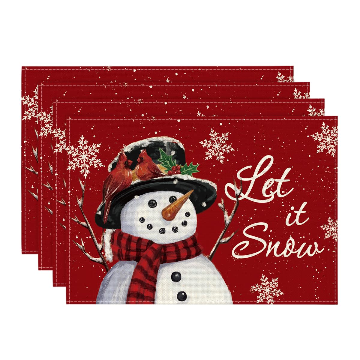 Artoid Mode Red Snowman Let It Snow Winter Placemats Set of 4, 12x18 Inch Seasonal Christmas Holiday Table Mats for Party Kitchen Dining Decoration Artoid Mode