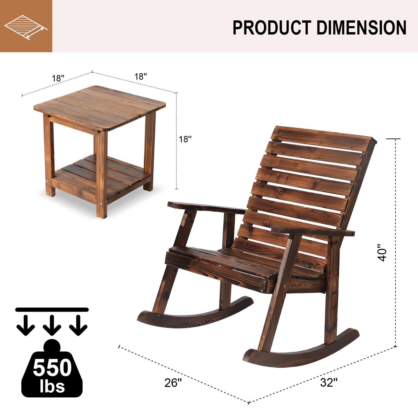 3 PCS Rocking Bistro Set - Outdoor Wood Rocking Chairs with The Coffee Table Rustic Porch Rocker Chair for Deck, Garden, Backyard, Porch - WoodArtSupply