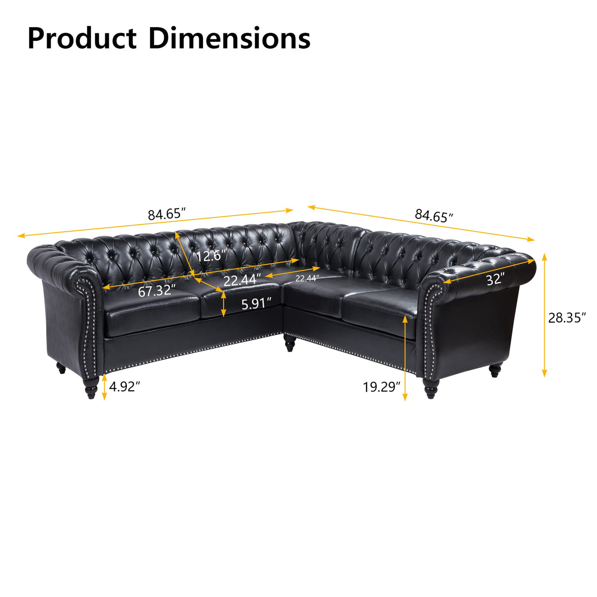 QHITTY L-Shaped Sofa, Sectional Chesterfield Leather Couch 5-Seater Upholstered Small Accent Tufted Sofa with Rolled Armrest and Nailhead Design for Living Room, Apartment, Office (Black) QHITTY