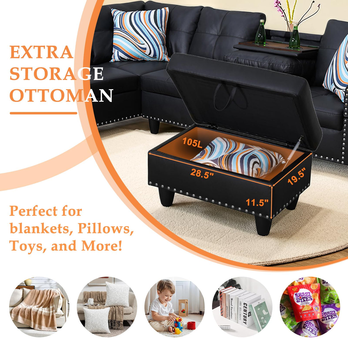 Wakefit Sectional Sofa Couch, Modern 4-Seaters Living Room Furniture Sets with Chaise Lounge, Ottoman & 2 Pillows | L Shape Couch | Cup Holder | Faux PU Leather, Black Wakefit