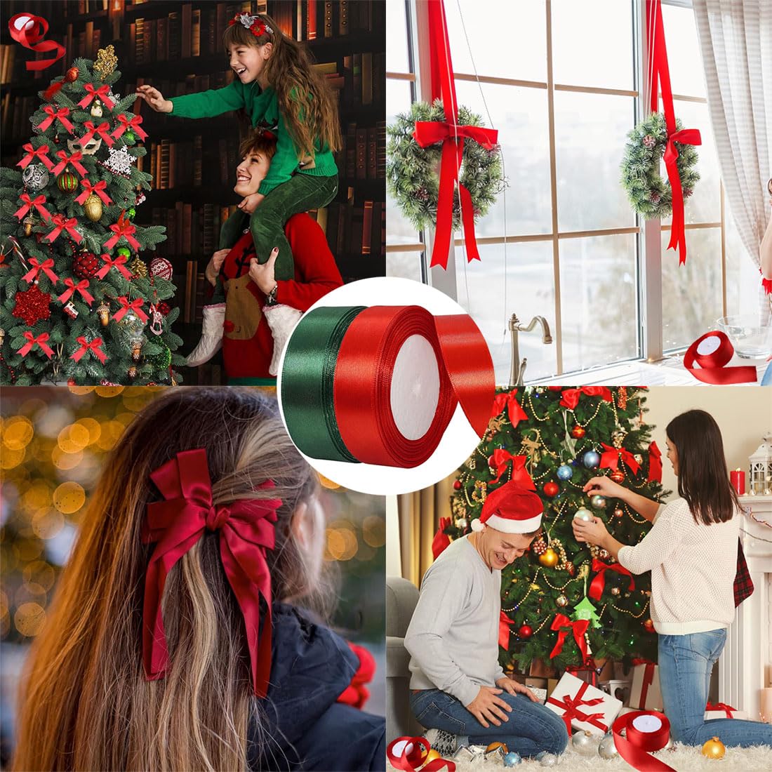 2 Pack Gift Ribbon, Christmas Ribbon, Gift Wrapping Ribbon,0.8 Inch Polyester Satin, Fabric Ribbon for Wrapping, Bow Making, Hair, Christmas Tree Decoration(75.5 Feet) (Red+Green) Cangfort