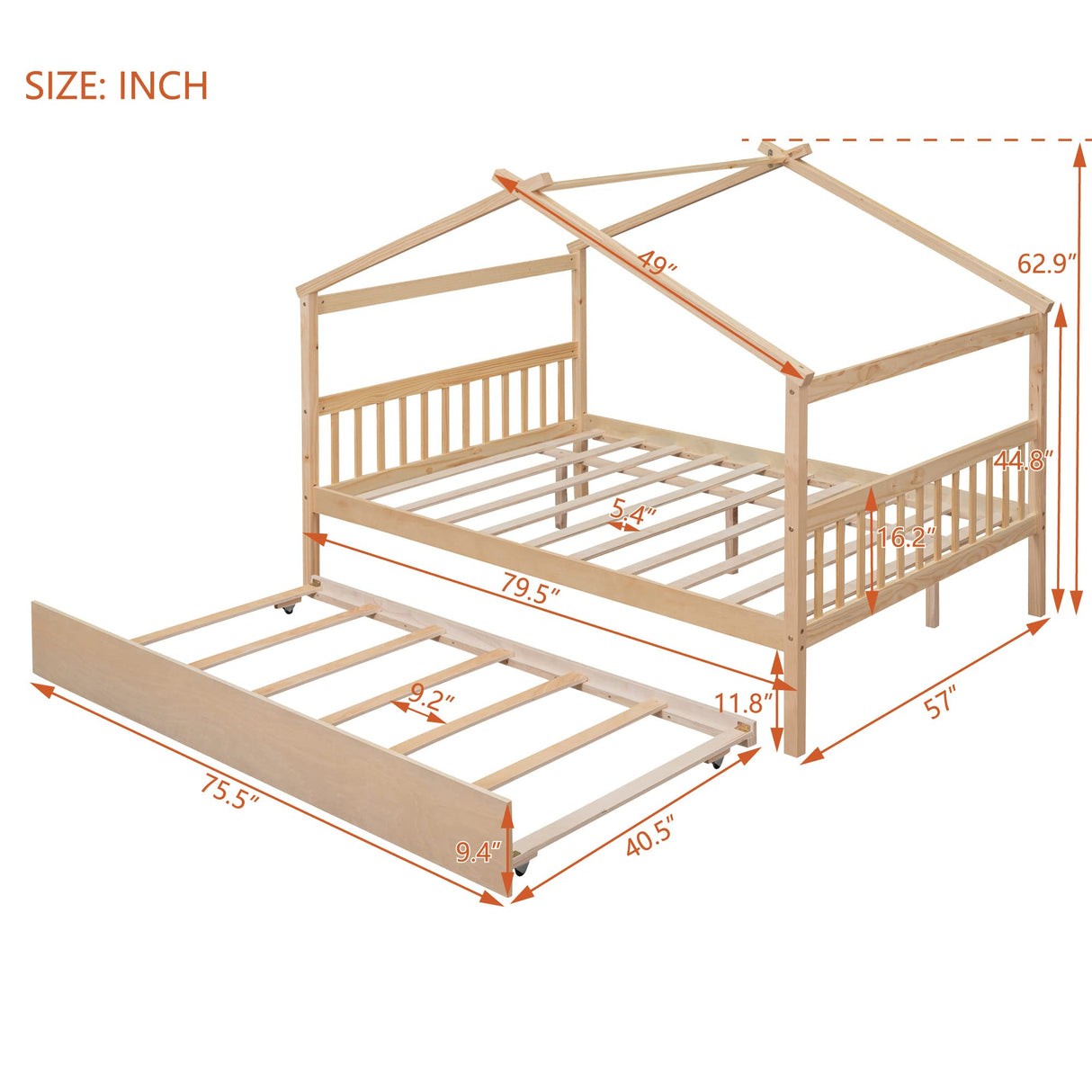 Merax Full Size Wooden House Bed with Trundle, Wood Bed Frame with Roof for Kids, Teens, Boys or Girls, Natural Merax