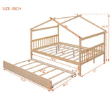 Merax Full Size Wooden House Bed with Trundle, Wood Bed Frame with Roof for Kids, Teens, Boys or Girls, Natural Merax