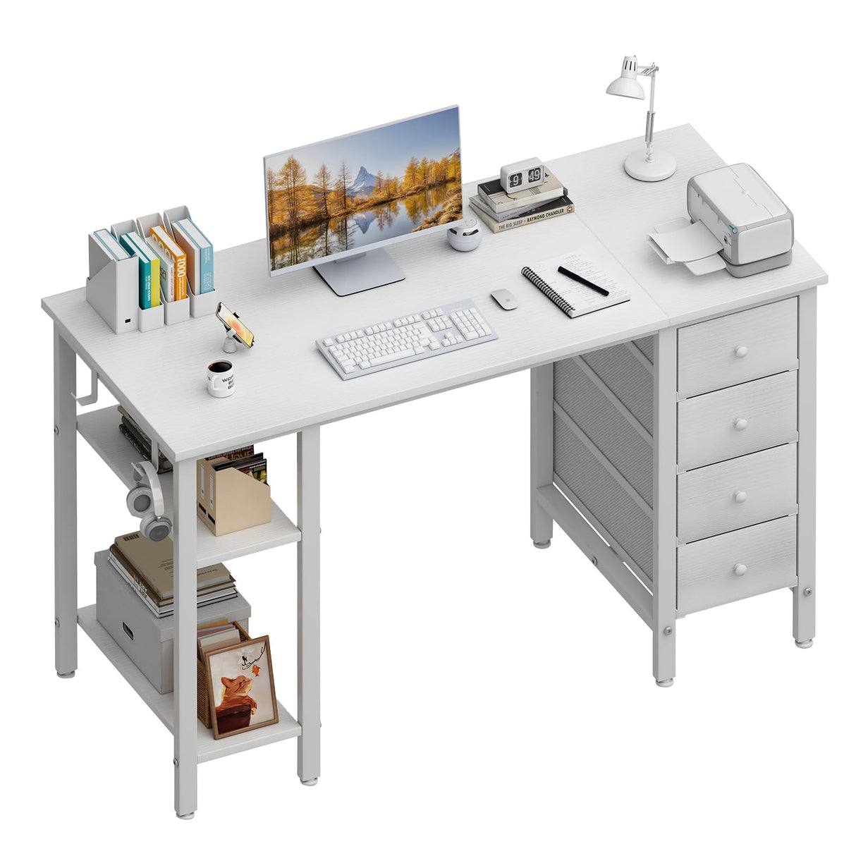 Lufeiya White Computer Desk with Drawers & Storage Shelves, 47 Inch Study Work Writing Desk for Home Office Bedroom, Simple Modern Cute PC Desks Table, White Lufeiya